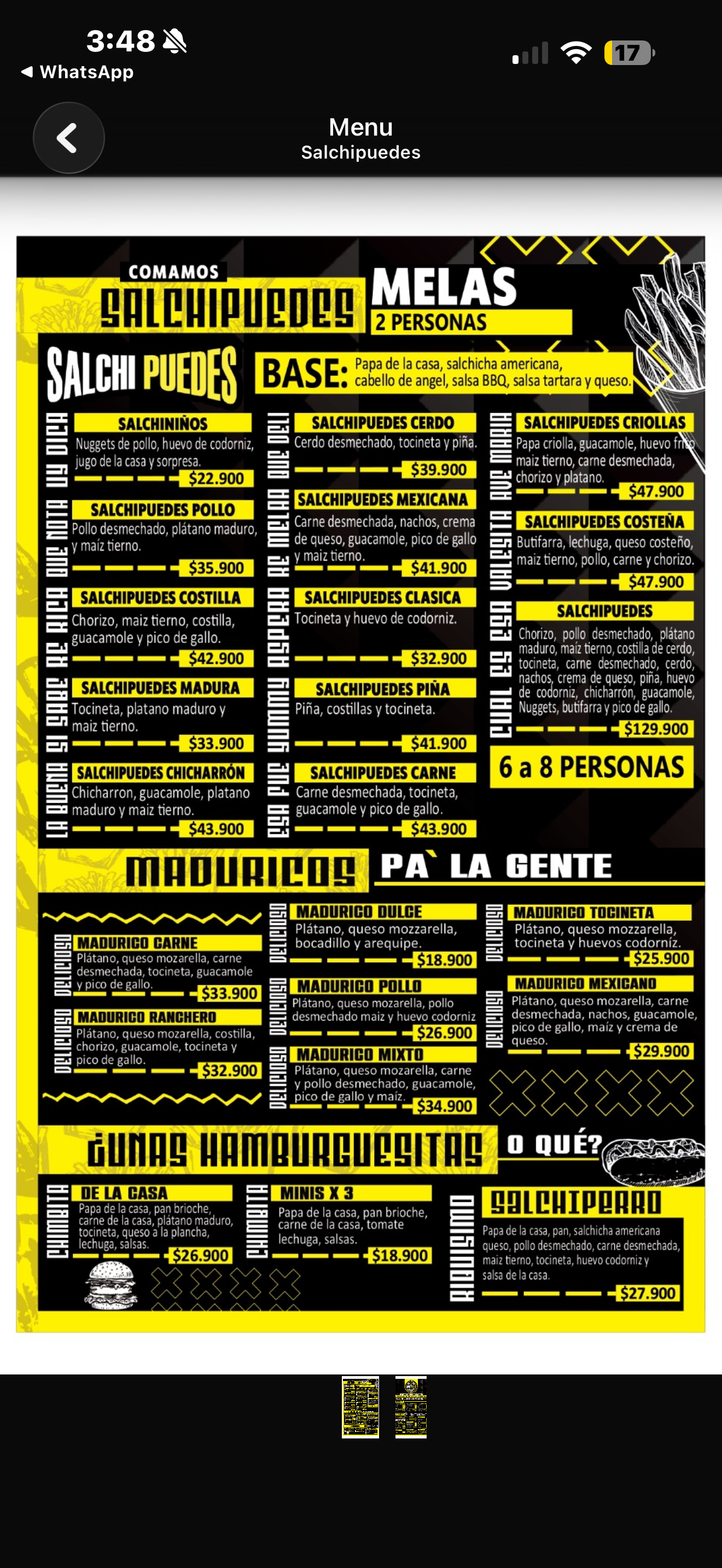 Menú Página 1 - Salchipuedes, Maduricos y Hamburguesas